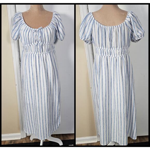 Free for All Dress Women’s Puff Sleeve Cottage Milkmaid Blue White Stripe Sz XL - Picture 1 of 7